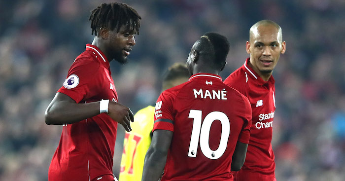 LIVERPOOL, ENGLAND - FEBRUARY 27: Divock Origi of Liverpool celebrates after scoring his team's third goal with Sadio Mane of Liverpool during the Premier League match between Liverpool FC and Watford FC at Anfield on February 27, 2019 in Liverpool, United Kingdom. (Photo by Clive Brunskill/Getty Images)