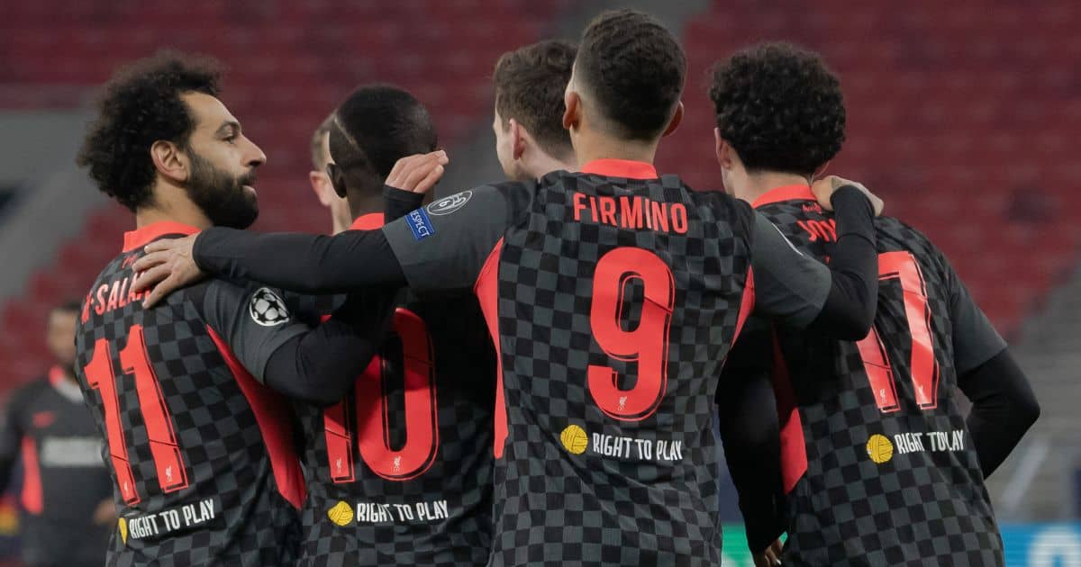 Curtis Jones, Mohamed Salah, Roberto Firmino RB Leipzig v Liverpool February 2021