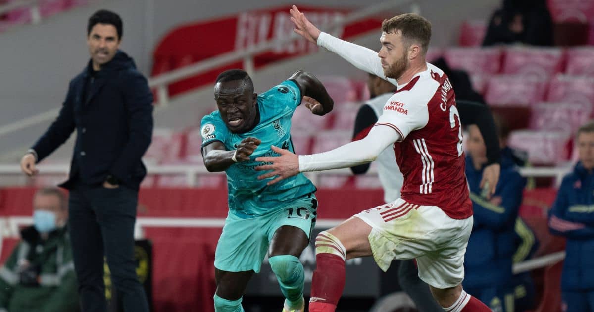 Mikel Arteta, Sadio Mane, Calum Chambers Arsenal v Liverpool April 2021