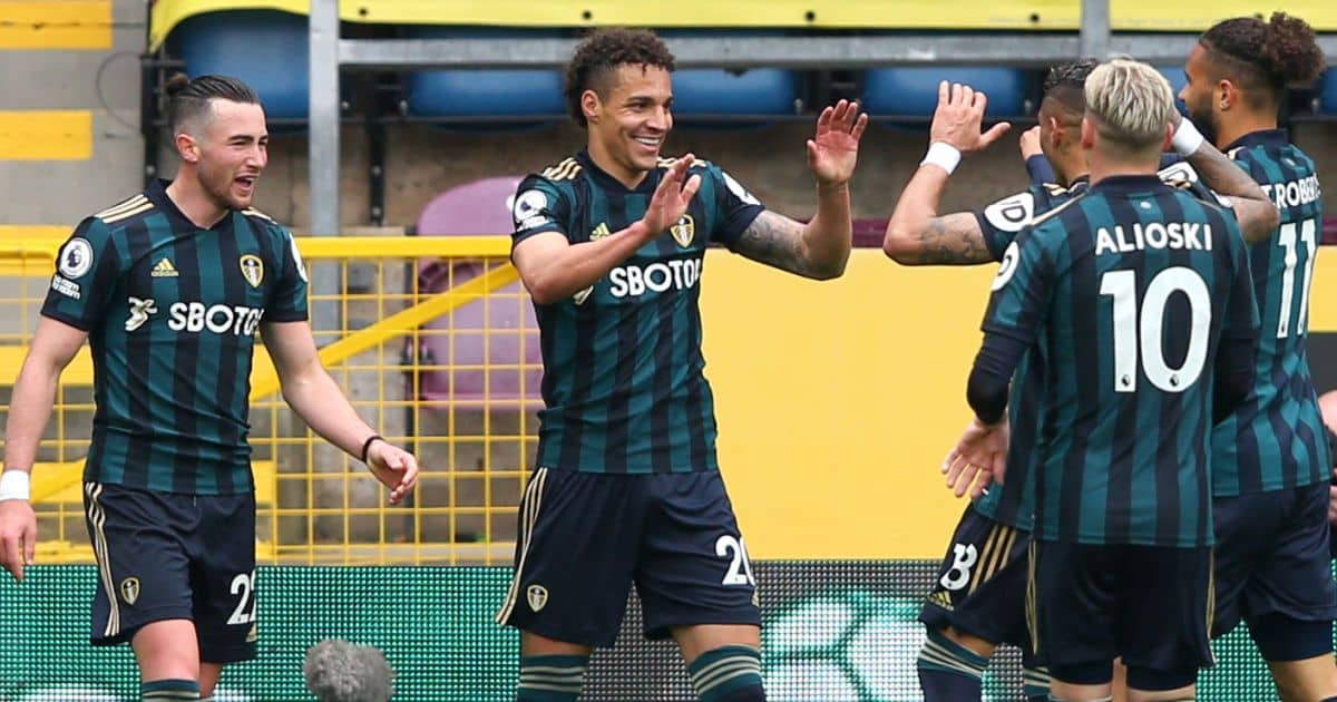 Rodrigo celebrates his goal for Leeds United against Burnley in May 2021 with Jack Harrison and Liam Cooper Rodrigo, Liam Cooper, Jack Harrison Burnley v Leeds May 2021