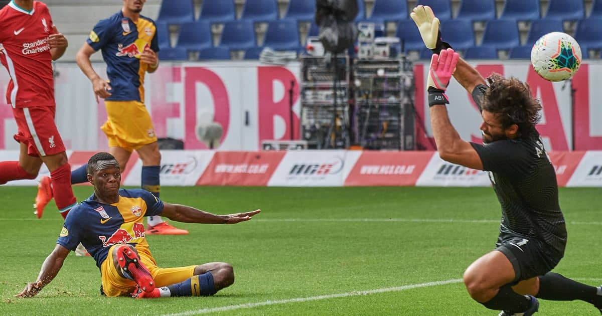 RB Salzburg striker Patson Daka scores past Liverpool goalkeeper Alisson Becker, TEAMtalk