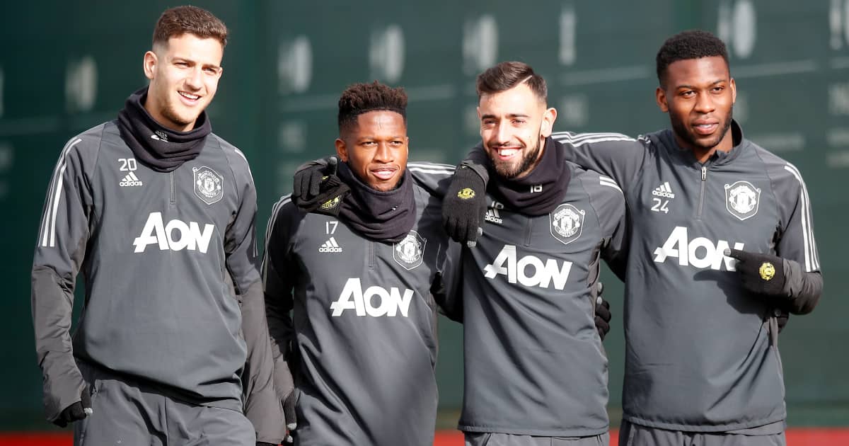Diogo Dalot Fred Bruno Fernandes Timothy Fosu-Mensah in Man Utd training