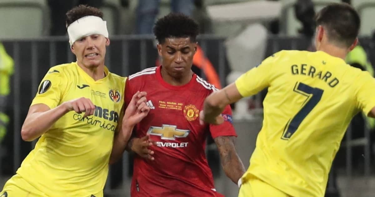 Juan Foyth tussling with Marcus Rashford, Europa League final, Man Utd v Villarreal, May 2021
