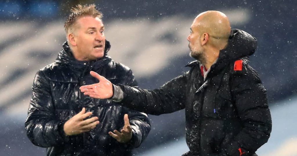 Villa and Man City managers Dean Smith and Pep Guardiola arguing