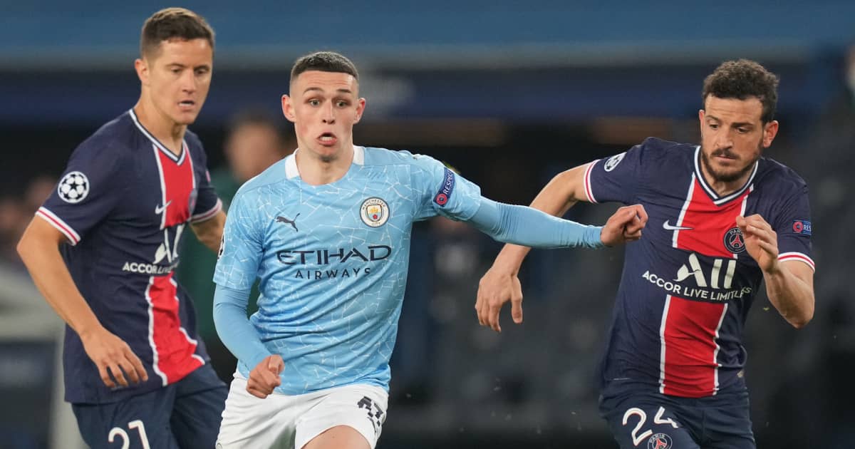 Ander Herrera and Alessandro Florenzi of PSG tussling with Phil Foden, Champions League, April 2021