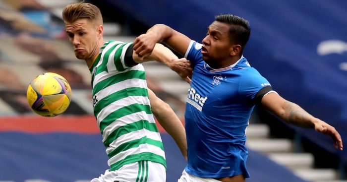 Kristoffer Ajer tussling with Alfredo Morelos, Celtic v Rangers, April 2021