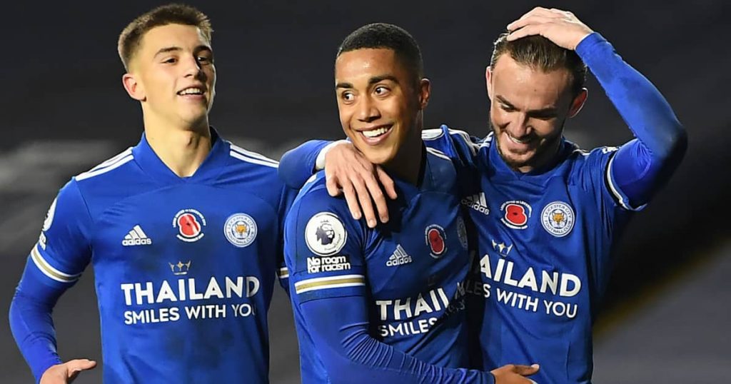 Luke Thomas, Youri Tielemand and James Maddison celebrating for Leicester