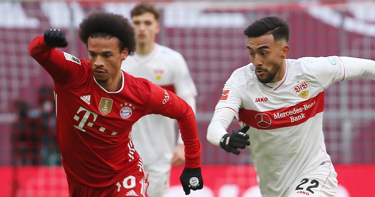 Leroy Sane tussling with Nicolas Gonzalez, Bayern Munich v Stuttgart, March 2021, TEAMtalk Leroy Sane tussling with Nicolas Gonzalez, Bayern Munich v Stuttgart, March 2021