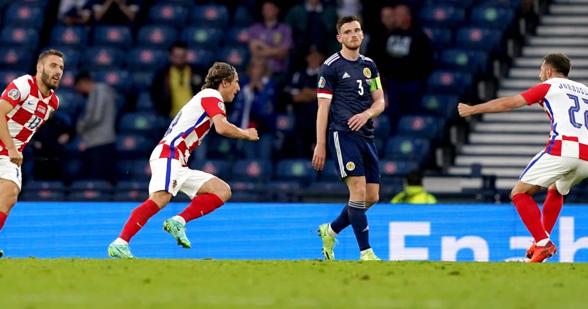 Andy Robertson, Scotland watches on as Luka Modric celebrates his goal for Croatia, TEAMtalk