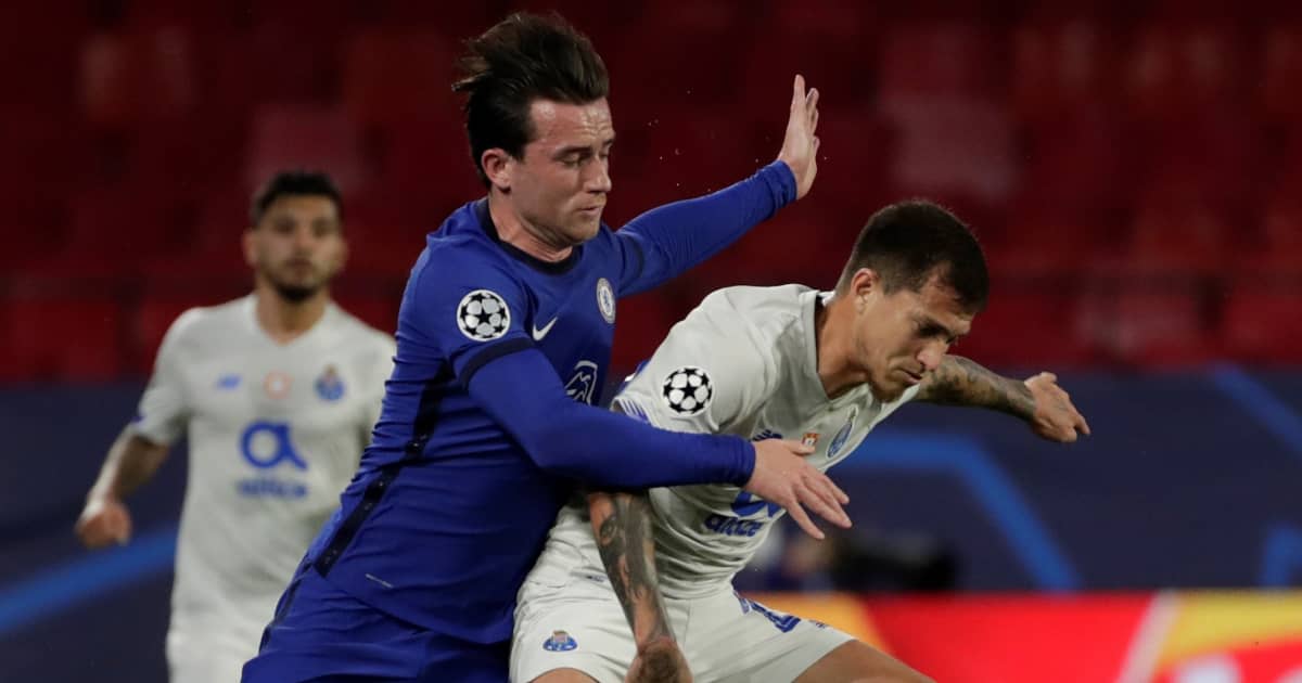 Ben Chilwell battling Otavio, Chelsea v FC Porto, April 2021