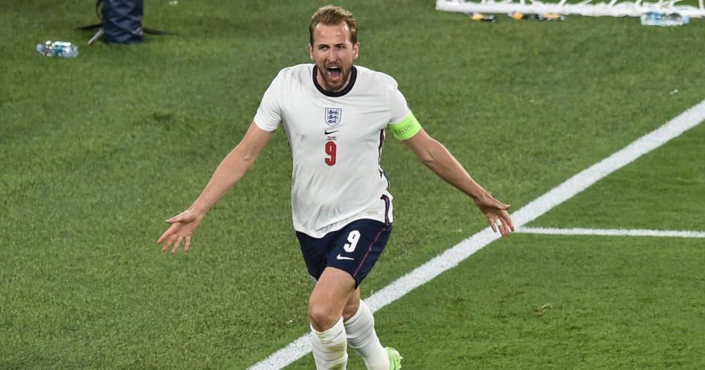 Harry Kane celebrates scoring Ukraine v England Euro 2020