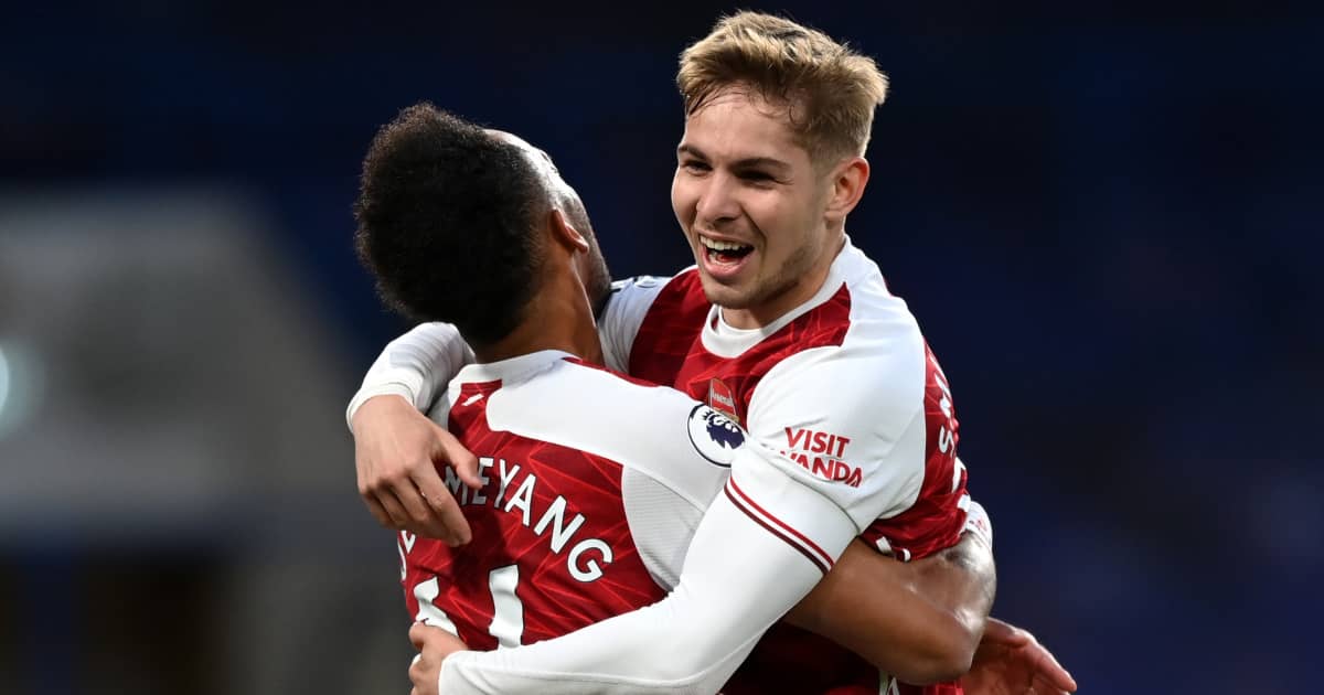 Pierre-Emerick Aubameyang hugging Emile Smith Rowe, Arsenal, 2021, TEAMtalk Pierre-Emerick Aubameyang hugging Emile Smith Rowe, Arsenal, 2021