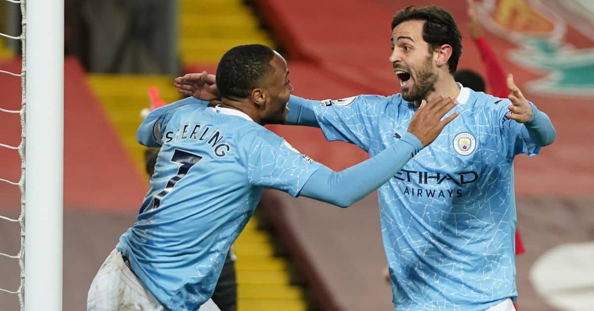 Raheem Sterling and Bernardo Silva celebrate Man City goal at Liverpool
