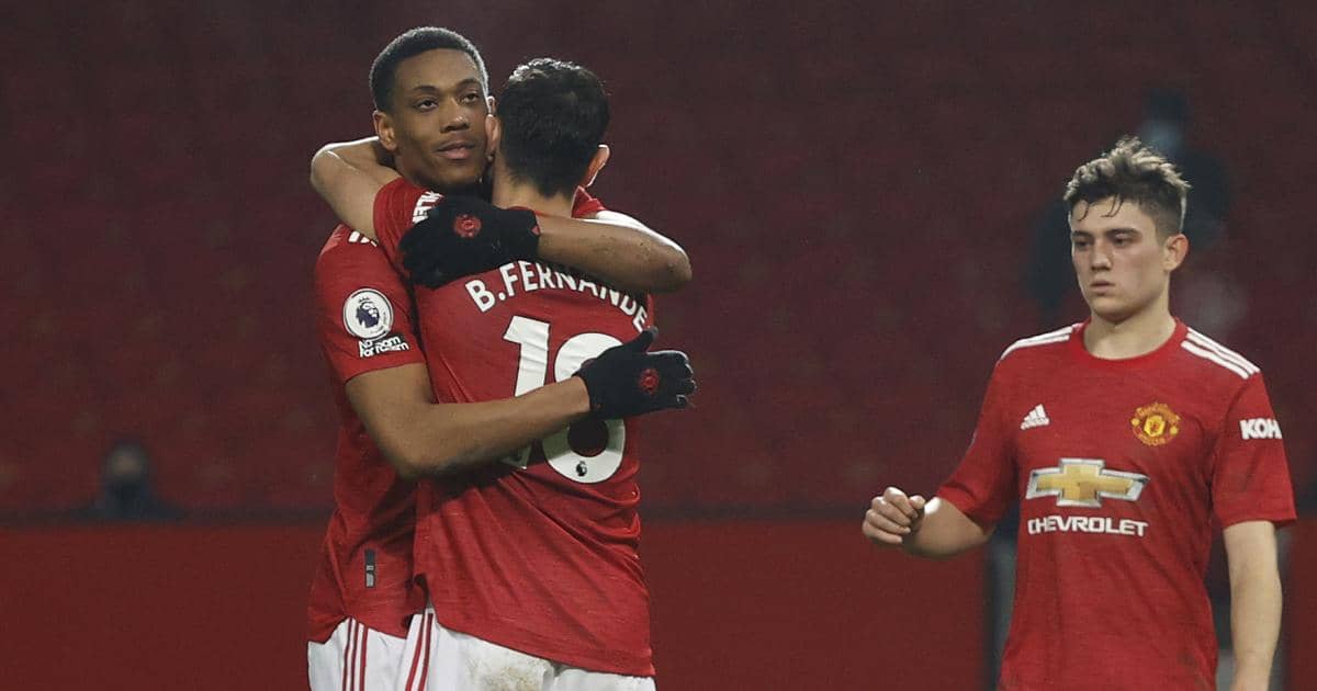Anthony Martial Bruno Fernandes and Daniel James celebrate Man Utd goal February 2021
