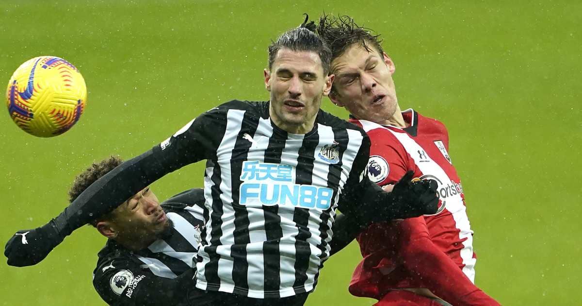 Fabian Schar competing for a header with Jannik Vestergaard in Newcastle v Southampton Fabian Schar competing for header with Fabian Schar