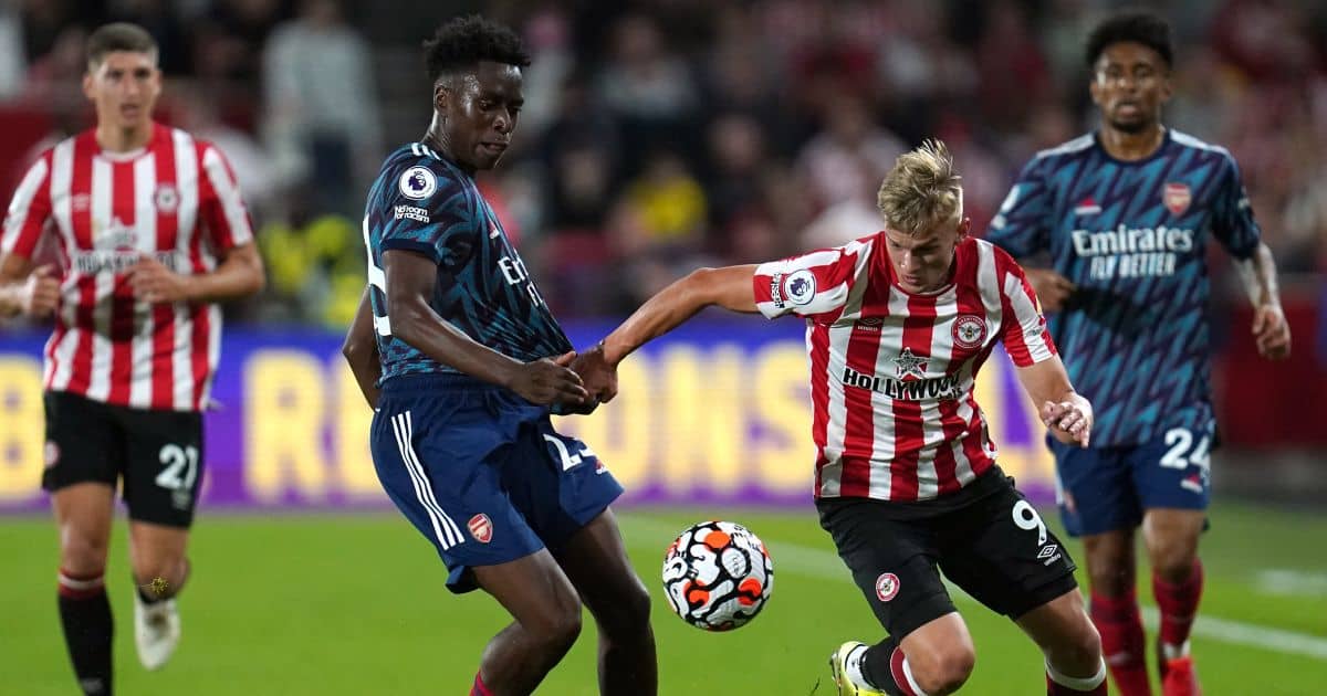 Albert Sambi Lokonga of Arsenal and Brentford's Marcus Forss