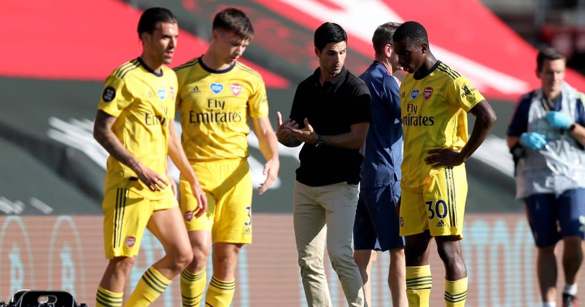 Arsenal players Eddie Nketiah and Kieran Tierney receive instructions against Southampton, July 2020 Arsenal players Eddie Nketiah and Kieran Tierney