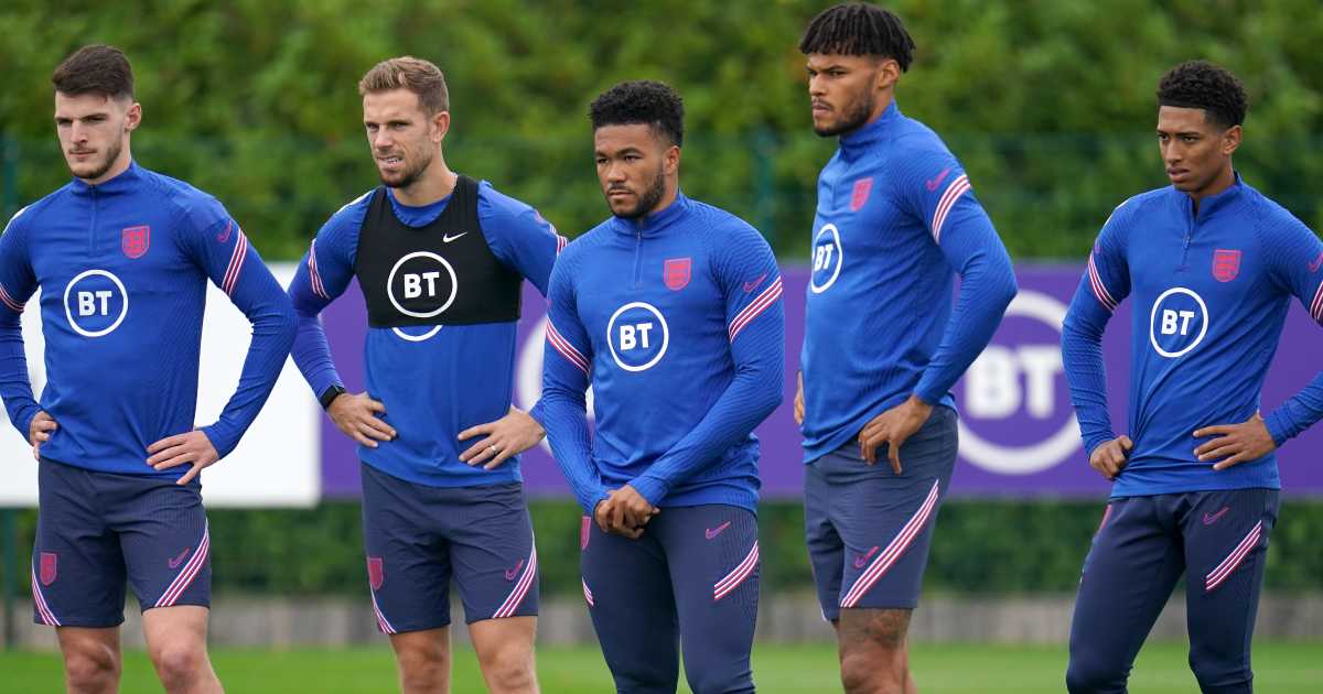 Declan Rice, Jordan Henderson, Reece James Tyrone Mings and Jude Bellingham in England training, September 2021