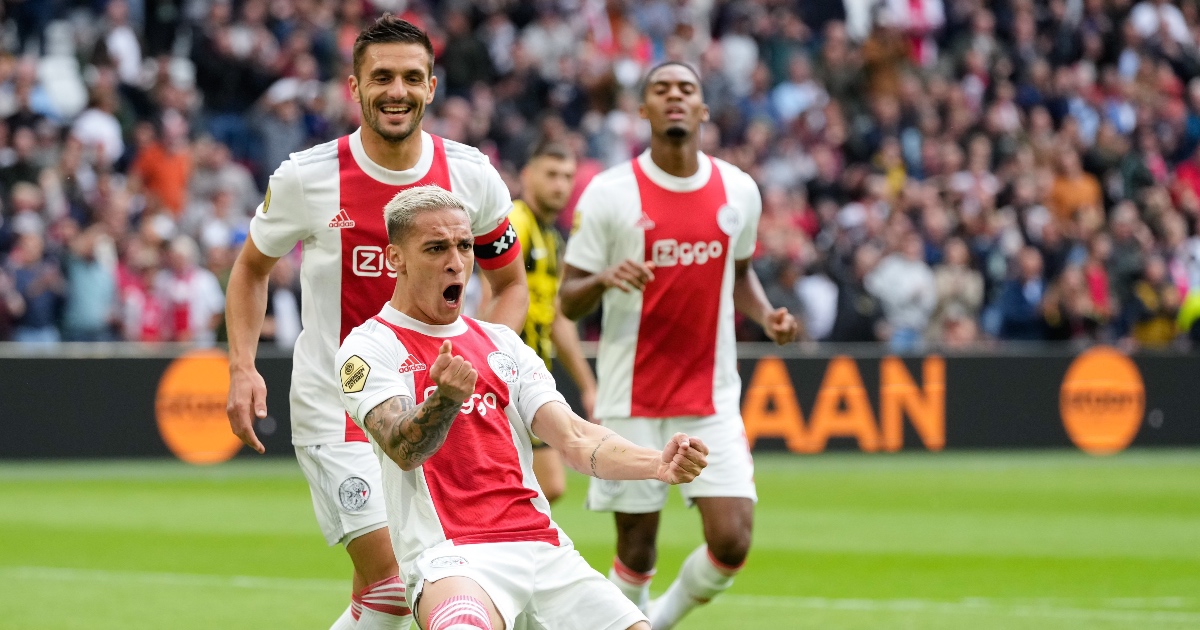 Brazilian winger Antony celebrates scoring goal for Ajax against Vitesse Antony Ajax Man City