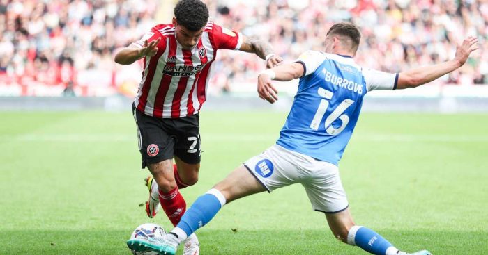 Morgan Gibbs-White in action for Sheffield United, on loan from Wolves, against Peterborough United
