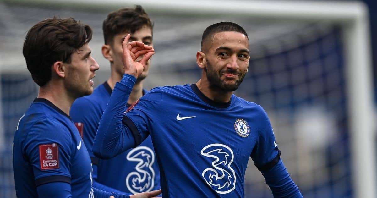 Hakim Ziyech, Ben Chilwell and Kai Havertz of Chelsea celebrate an FA Cup goal against Sheffield United, March 2021 Hakim Ziyech, Ben Chilwell, Kai Havertz Chelsea