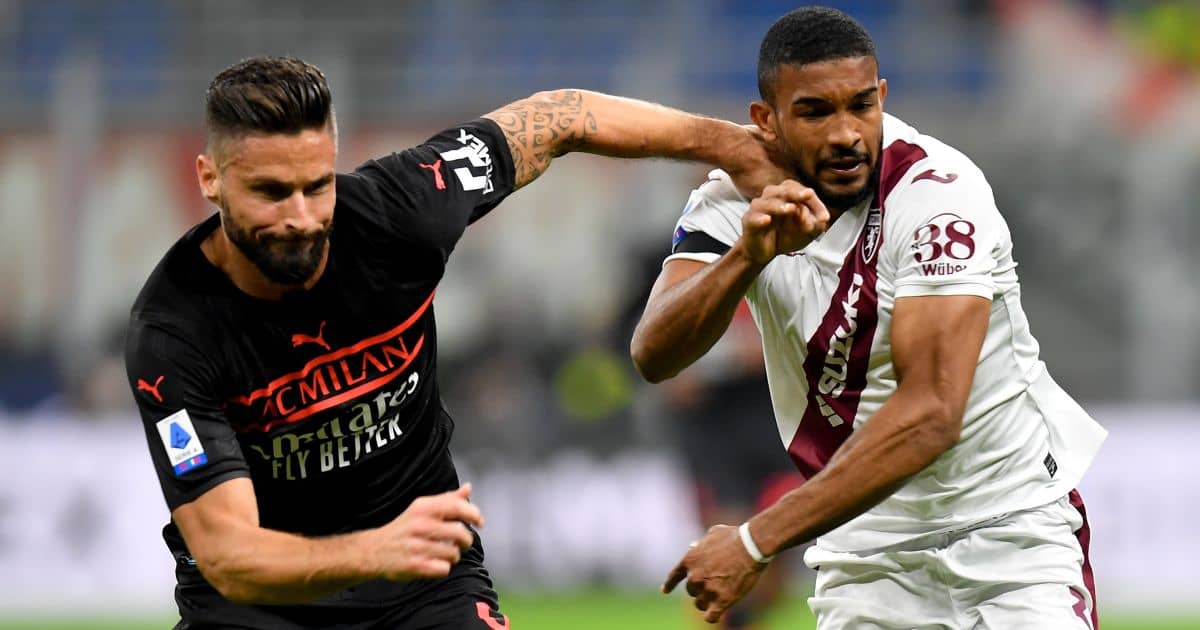 Olivier Giroud battles with Gleison Bremer Olivier Giroud, Gleison Bremer, Torino Serie A clash with AC Milan