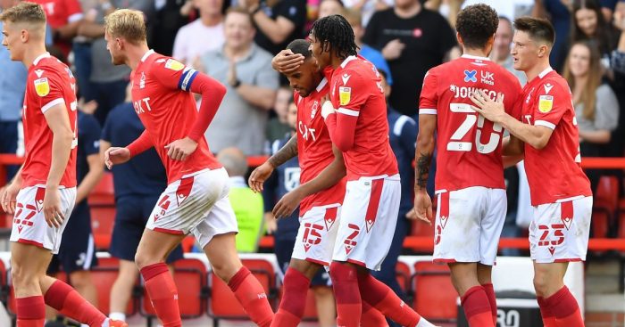 Djed Spence of Nottingham Forest celebrates with Max Lowe of Nottingham Forest after scoring the equalising goal