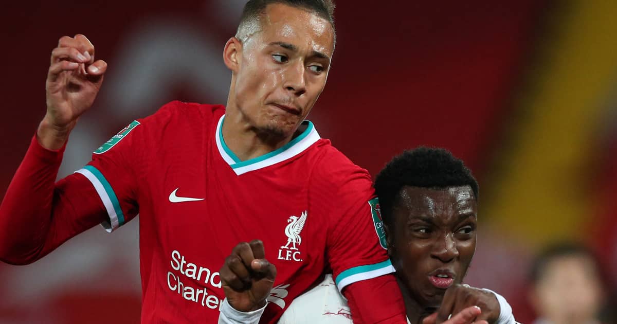 Eddie Nketiah and Rhys Williams, October 2020, Liverpool v Arsenal, Carabao Cup