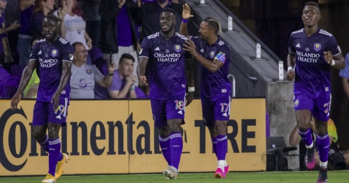 Orlando City forward Daryl Dike celebrates after scoring a goal during the soccer match between Orlando City SC and the San Jose Earthquakes