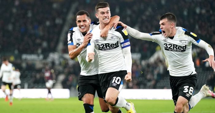 Derby County's Tom Lawrence celebrates scoring their side's first goal of the game.