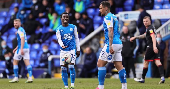 Siriki Dembele of Peterborough United reacts during the Sky Bet League 1 match between Peterborough and Lincoln City.