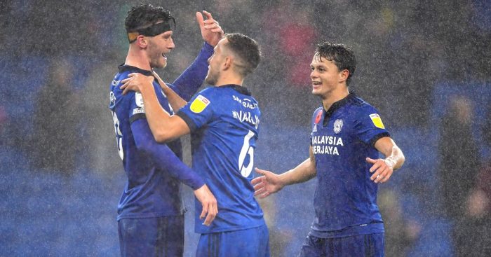 Cardiff City's Kieffer Moore greets Perry Ng after the final whistle during the Sky Bet Championship match