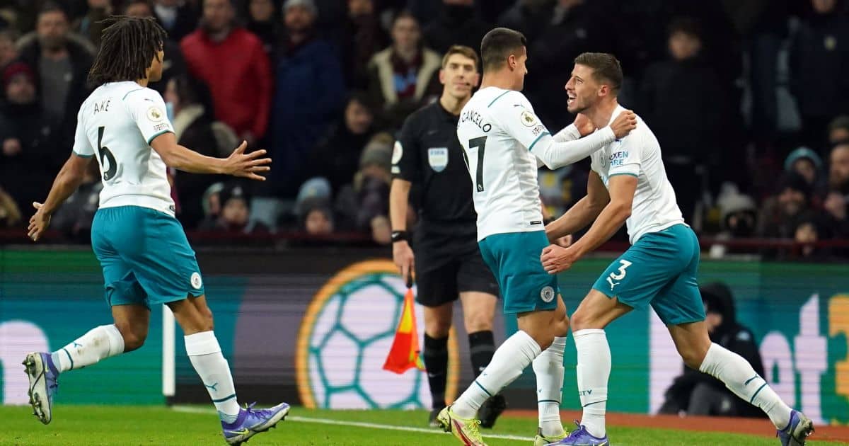 Nathan Ake celebrates with Man City team-mates Joao Cancelo and Ruben Dias against Aston Villa, November 2021 Nathan Ake, Joao Cancelo, Ruben Dias Aston Villa v Man City November 2021