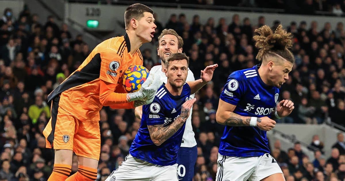 Leeds United goalkeeper Illan Meslier gathers a cross with Liam Cooper and Kalvin Phillips close by in Premier League game at Tottenham