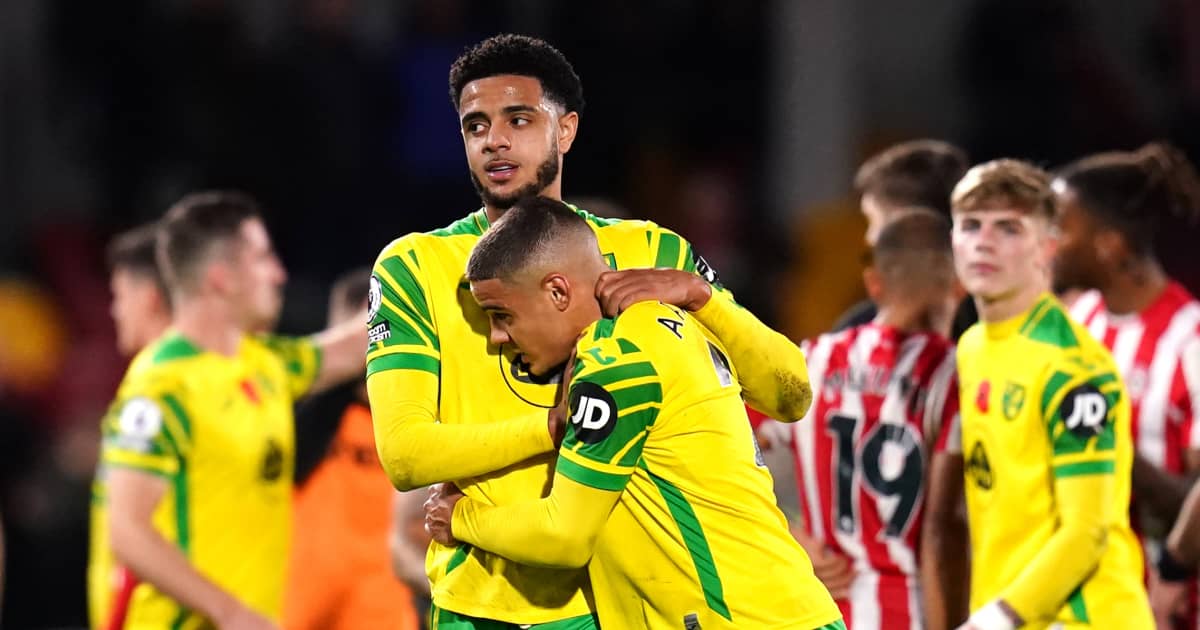 Max Aarons, Andrew Omobamidele, Norwich v Brentford, November 2021 Max Aarons, Andrew Omobamidele, Norwich v Brentford, November 2021