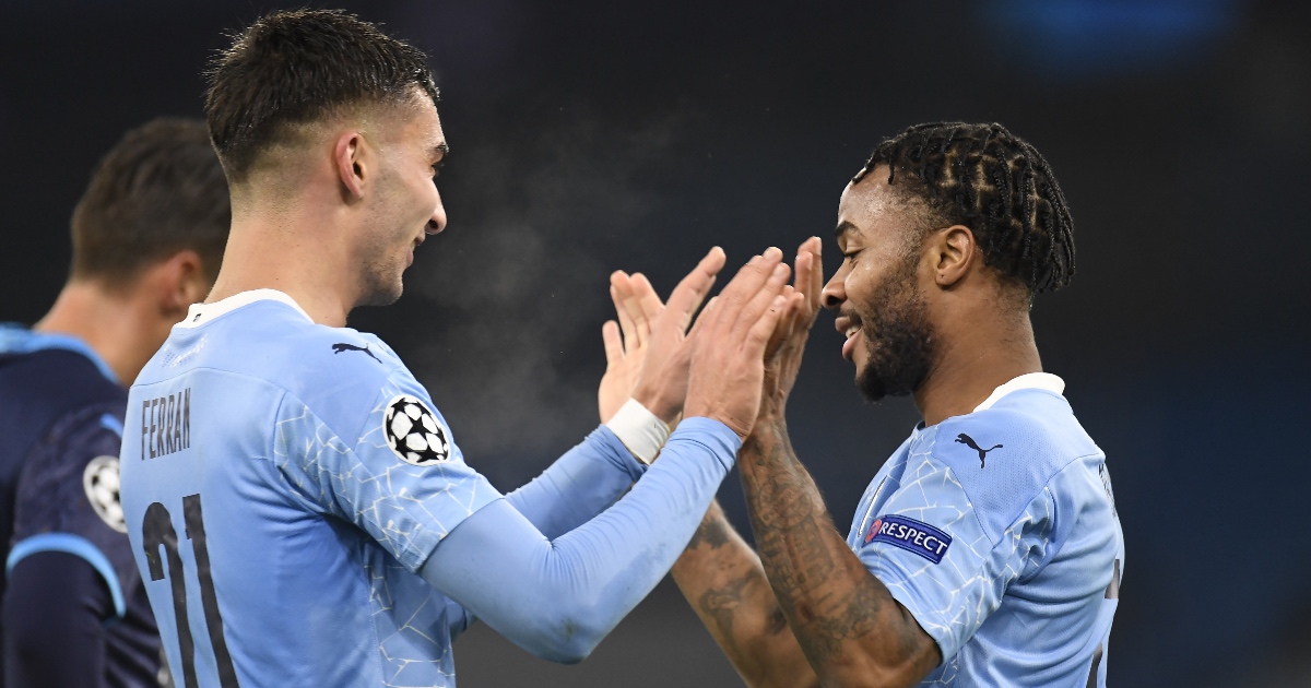 Ferran Torres interacts with Raheem Sterling after Man City score against Marseille in UCL Ferran Torres Man City