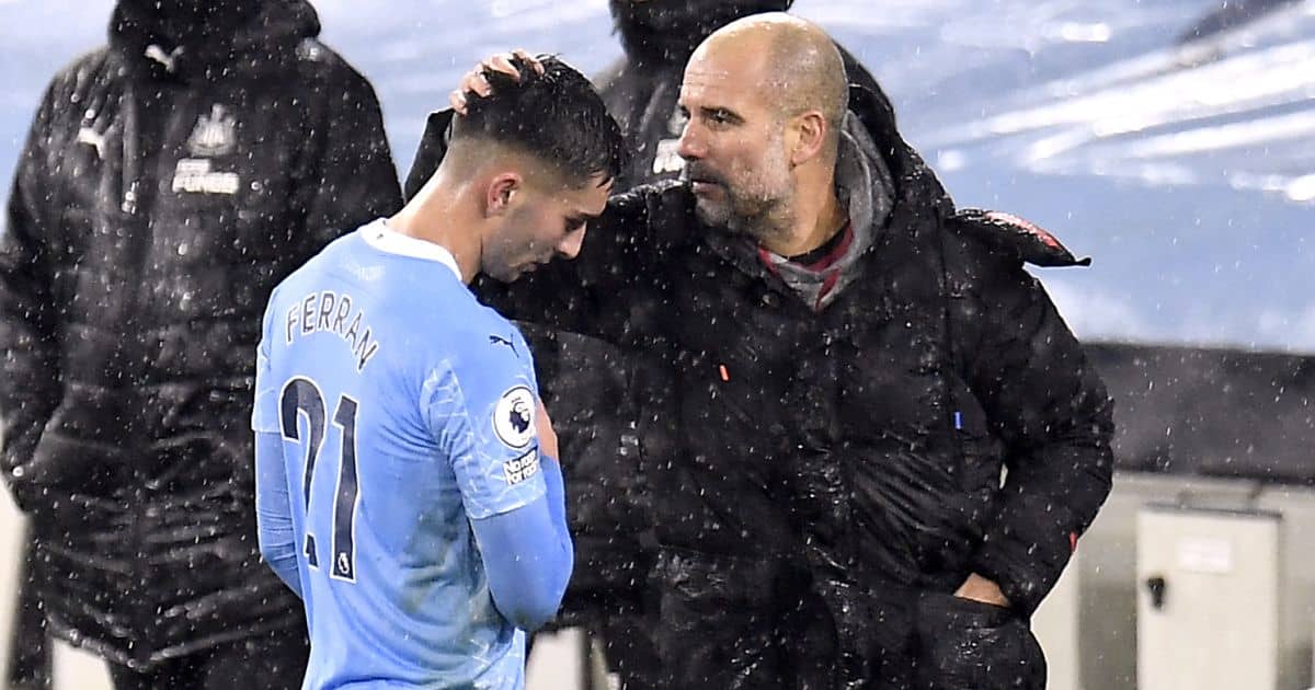 Pep Guardiola taking Ferran Torres off as a substitute for Manchester City Pep Guardiola taking Ferran Torres off for Manchester City