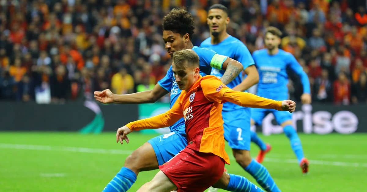 Marseille midfielder Boubacar Kamara battles for the ball against Galatasaray's Kerem Akturkoglu, November 2021 Boubacar Kamara, Kerem Akturkoglu Galatasaray v Marseille November 2021