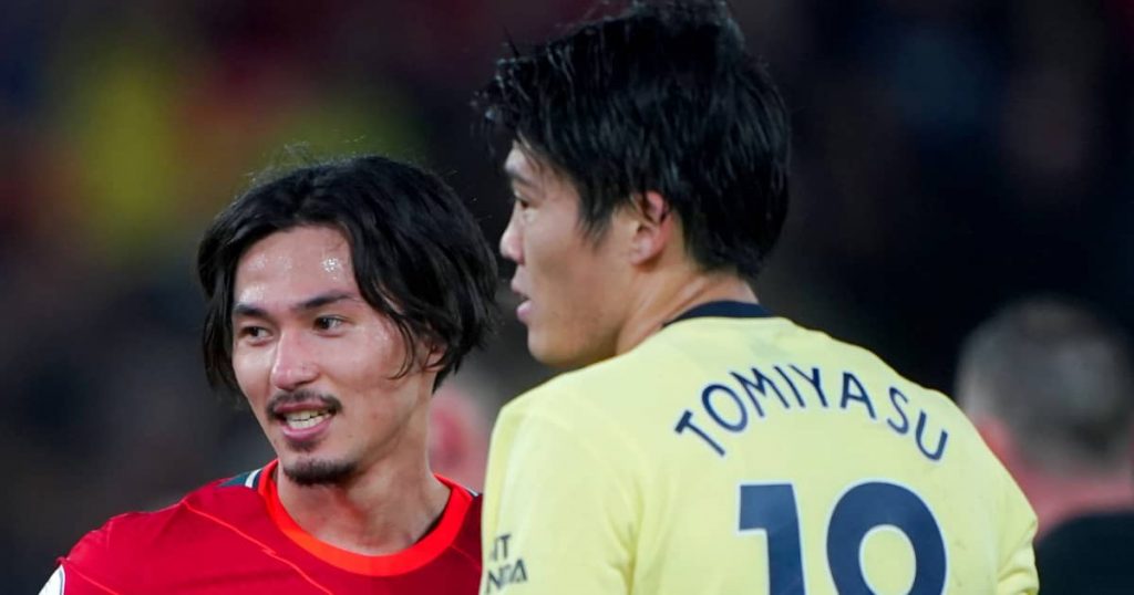 Takehiro Tomiyasu, Takumi Minamino, Arsenal v Liverpool November 2021.