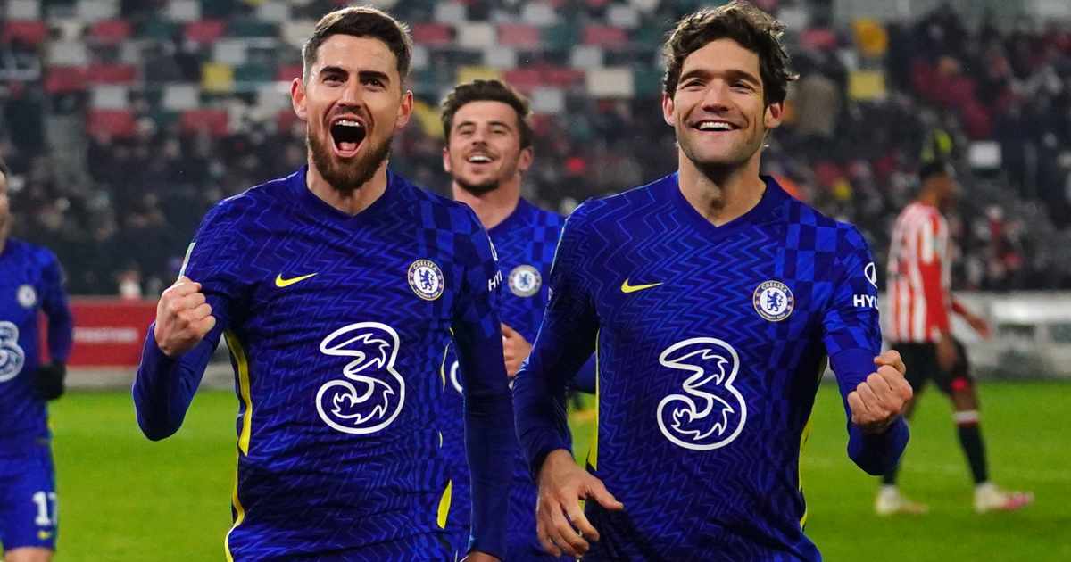 Jorginho and Marcos Alonso celebrate for Chelsea