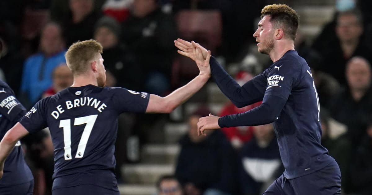 Aymeric Laporte celebrating with Kevin De Bruyne