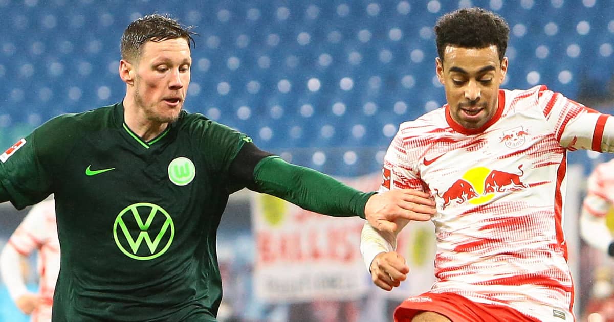 Wolfsburg striker Wout Weghorst battling RB Leipzig's Tyler Adams Wolfsburg striker Wout Weghorst battling RB Leipzig's Tyler Adams