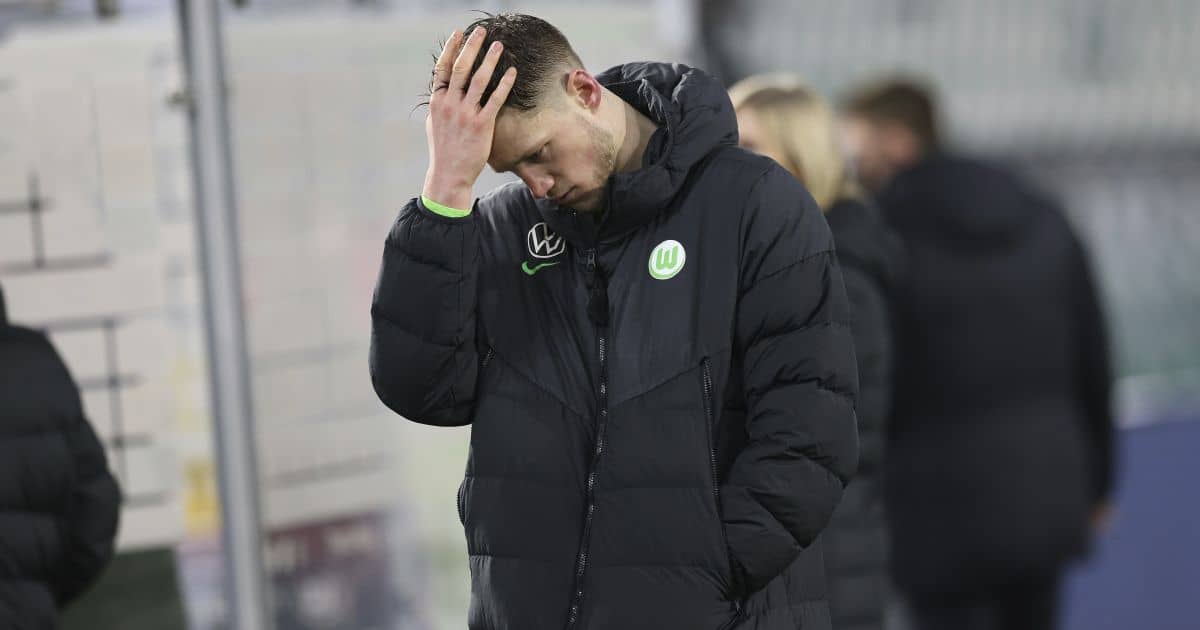 Wolfsburg striker Wout Weghorst signals his disappointment at a 0-0 draw Hertha Berlin, January 2021 Wout Weghorst, Wolfsburg striker, January 2021