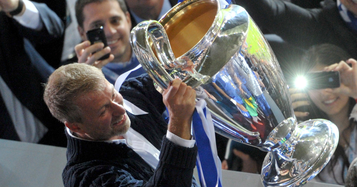 Roman Abramovich lifting aloft the Champions League trophy, won by Chelsea