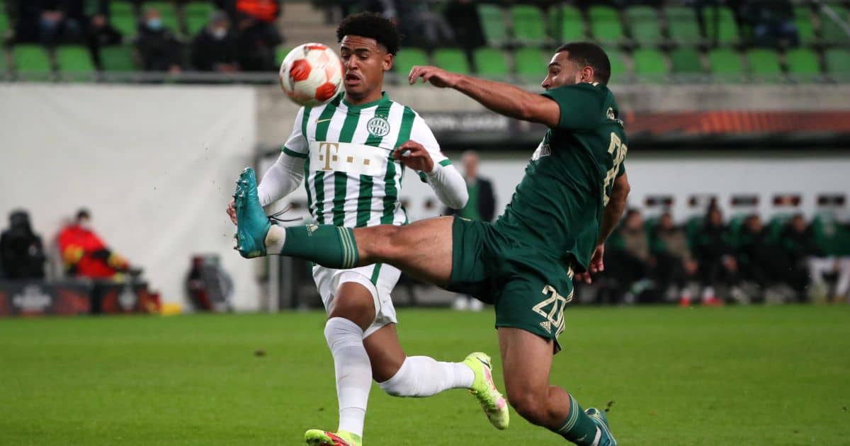 Cameron Carter-Vickers gets to the ball ahead of Ryan Mmaee during Ferencvaros v Celtic, November 2021 Cameron Carter-Vickers, Ryan Mmaee, Ferencvaros v Celtic November 2021