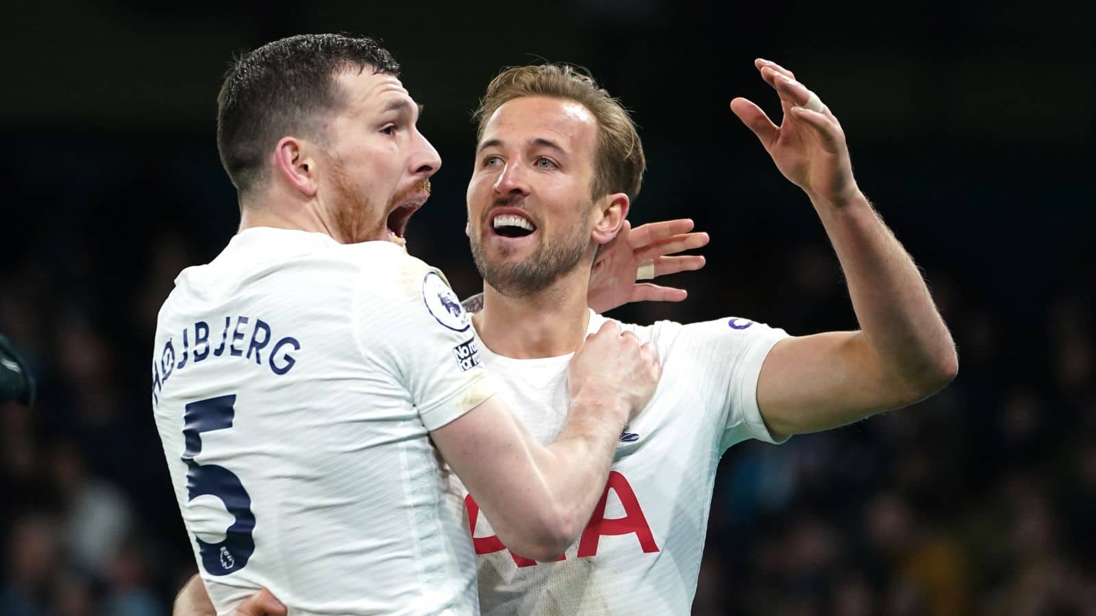 Pierre-Emile Hojbjerg, Harry Kane celebrate Tottenham goal during Premier League clash at Manchester City