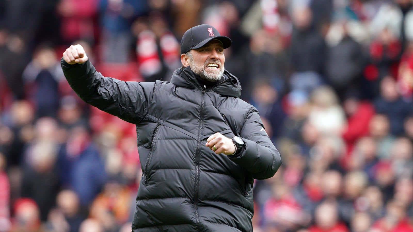 Jurgen Klopp celebrates Liverpool's Premier League win over Watford, April 2022 Jurgen Klopp, Liverpool v Watford April 2022