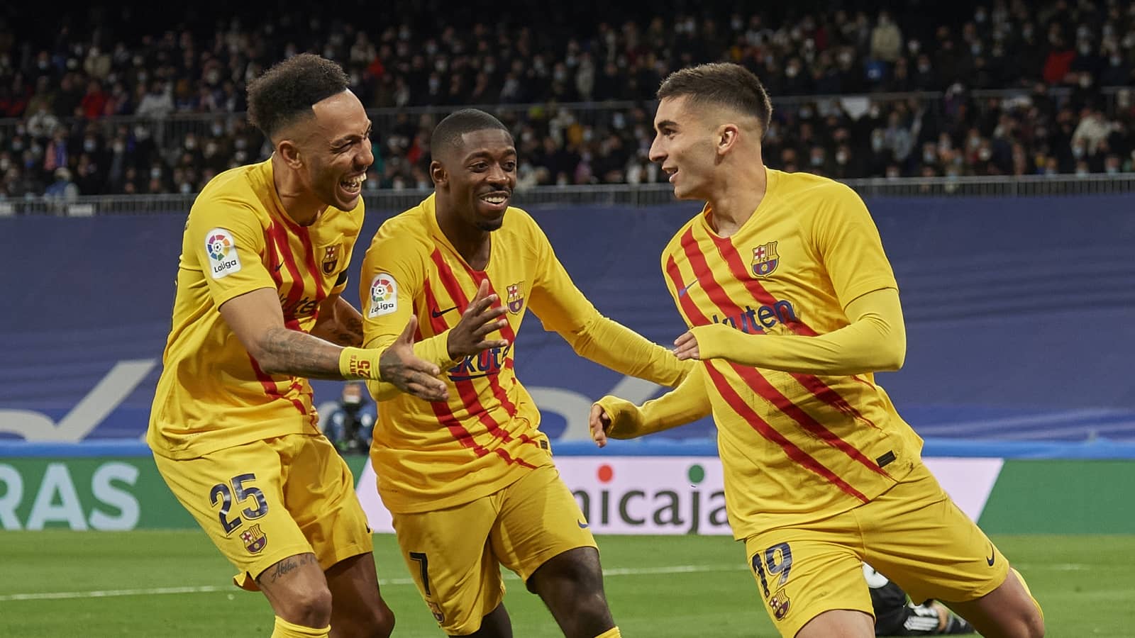 Ferran Torres, Ousmane Dembele and Aubameyang celebrate Barcelona goal in El Clasico Ferran Torres, Ousmane Dembele and Aubameyang