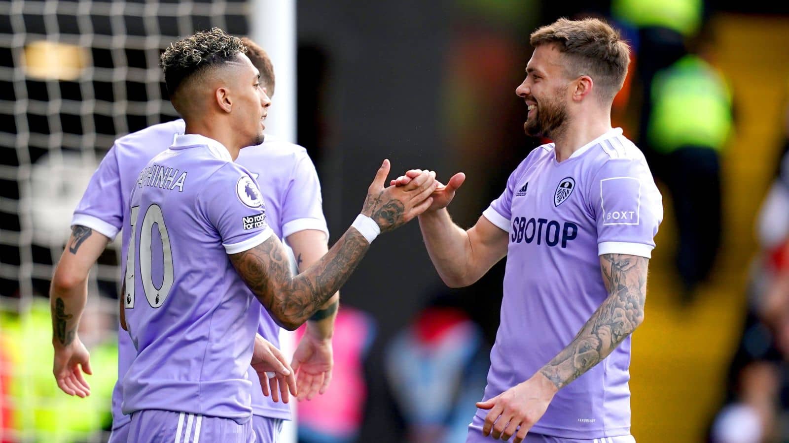 Raphinha, Stuart Dallas Leeds celeb Raphinha, Stuart Dallas Leeds celeb after goal v Watford at Vicarage Road