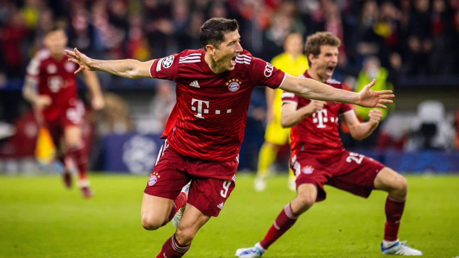 Robert Lewandowski celebrates goal for Bayern Munich v Villarreal during Champions League quarter-final second leg at Allianz Arena, Munich